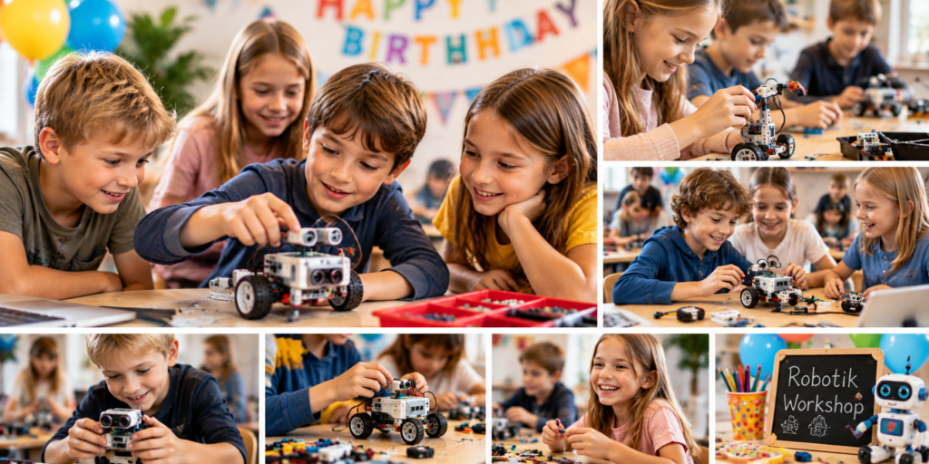 Kinder bei einem Robotik-Geburtstagsworkshop