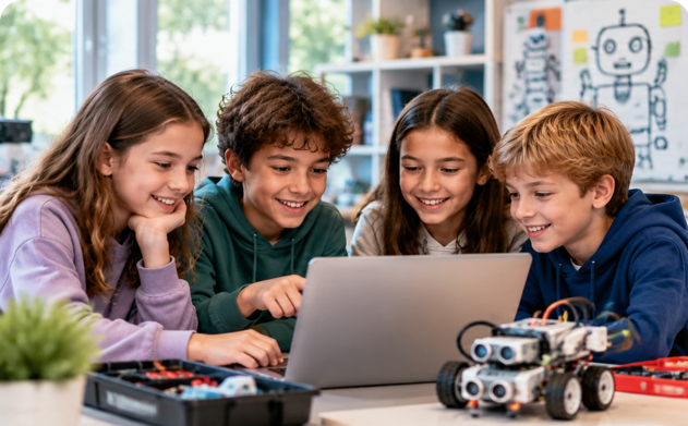 Kinder lernen gemeinsam Robotik und Programmieren im Präsenzkurs