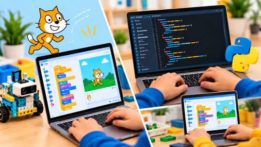Scratch- und Python-Programmierung für Kinder am Laptop
