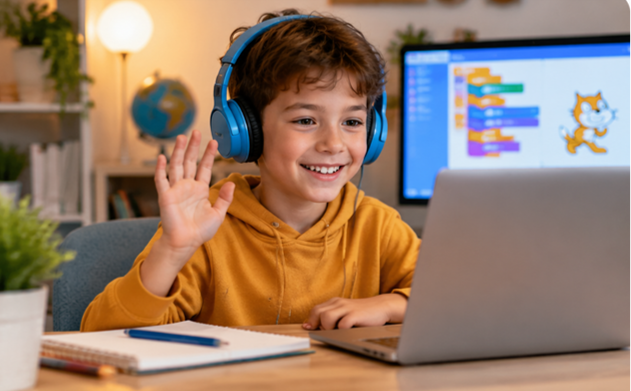 Kind nimmt von zu Hause an einem Scratch-Programmierkurs teil